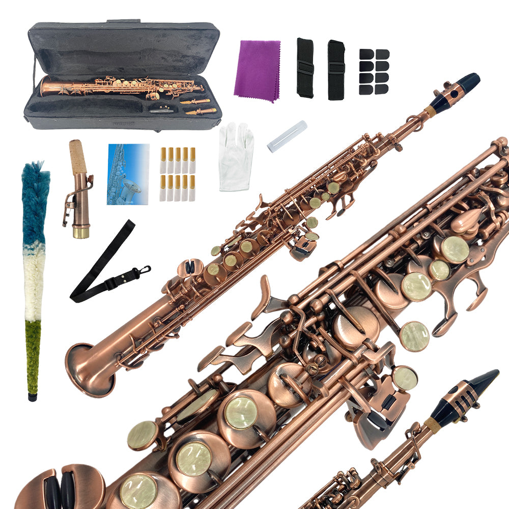 Yinfente Bb Straight Soprano Saxophone–Gold Lacquer Finish, Ergonomic Design with Case, Mouthpiece, Neck Strap & Accessories, Ideal for Beginners & Advanced Players（Red）