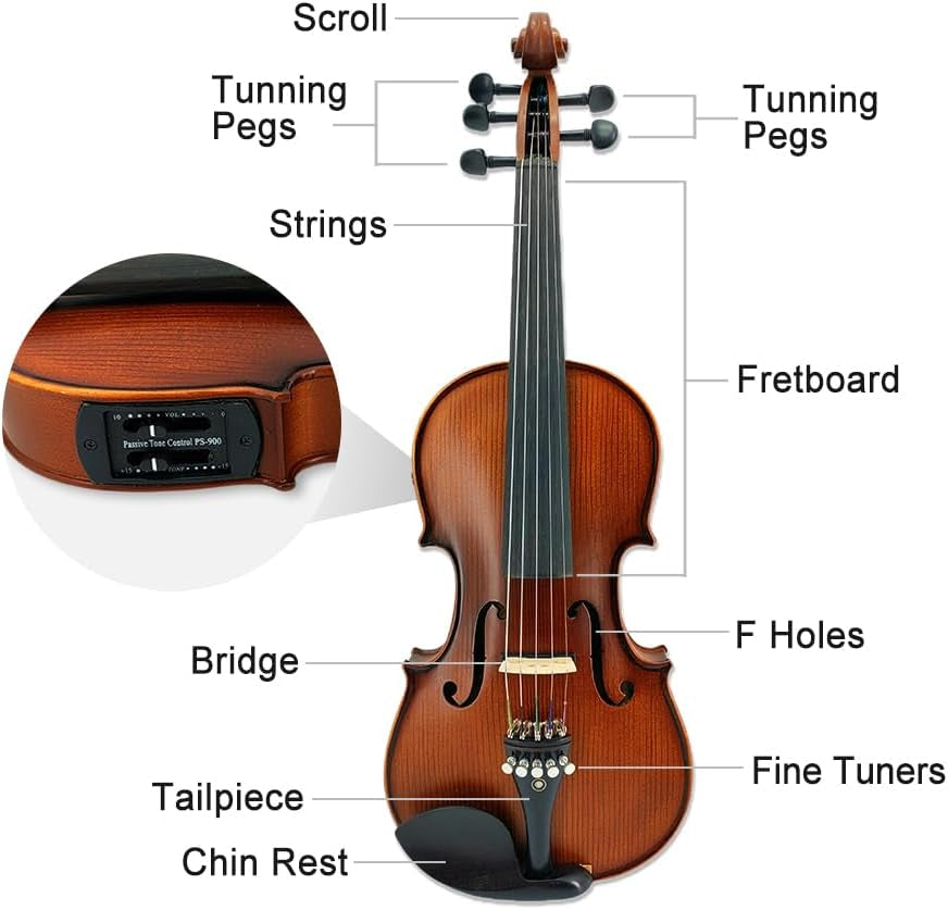 5 String Electric Violin Full Size Maple Back Side Spruce Top Ebony Accessories EQ Preamp with Hard Case,Brazilwood Bow,Rosin,Aux Cable,Cleaning Cloth,Shoulder Rest Beginner Student Violin