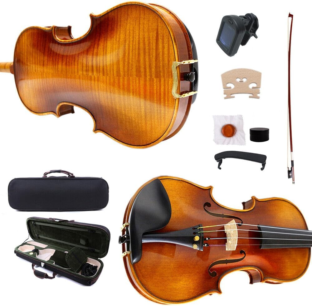 4/4 Full Size 4 String Flame Maple Acoustic Violin Spruce Top Ebony Fittings Solid Wood,Case,Bow,Rosin,Battery-Operated Mini Clip-On Tunerkit,Bridge,Shoulder Rest for Beginner (Fine Grain)