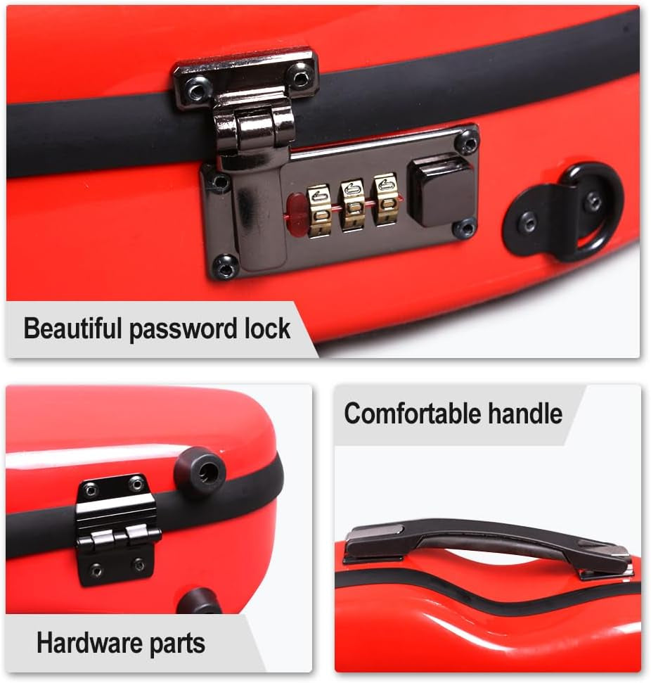 Violin Case 4/4 Full Size 1.9Kg Carbon Fiber Half round Shape Viloin Bag with Strap Combination Lock and Accessories Bag Red