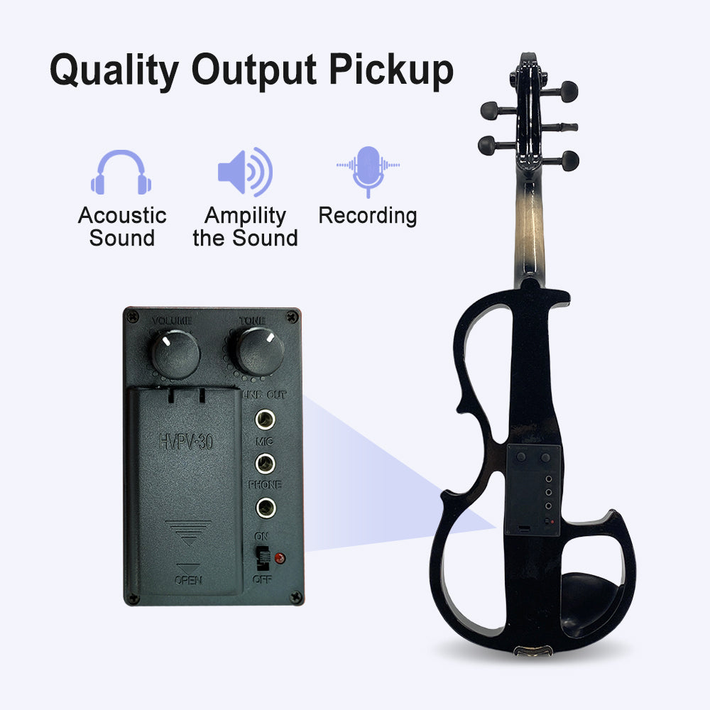 Electric Violin 4/4 Size Silent Violins Solid Wood Ebony Violin Parts with Case, Bow (Black)