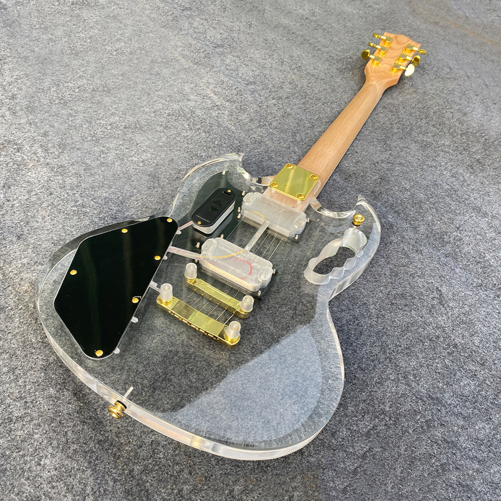 39 inch Electric Guitar Kit Transparent Acrylic Guitar Solid Body Electric Guitars for Beginners with Maple Neck Rosewood Fretboard& LED Light Blue,Tremolo Bra,Cable HH