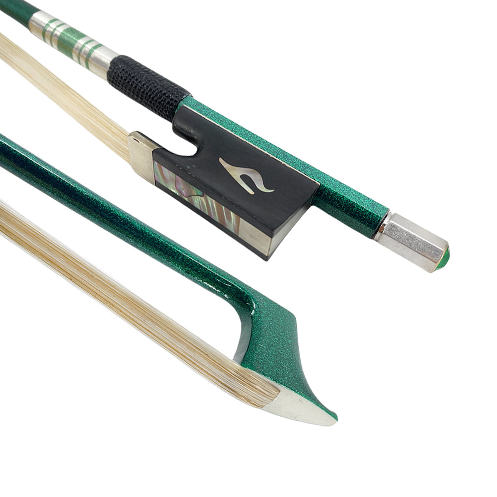 Violin Bow 4/4 Full Size Strong Light Carbon Fiber Stick and Ebony Frog with Natural Hair Quick Response,Green Color