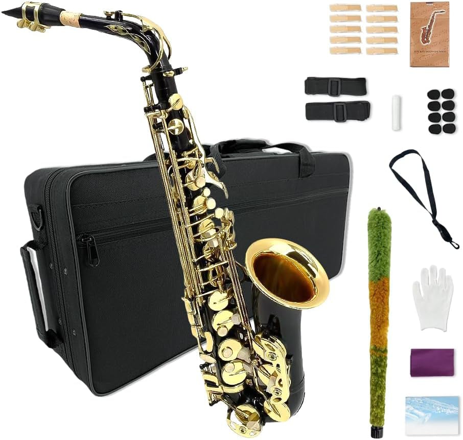 Alto Saxophone Eb for Beginners - Complete Saxophone Kit with Hard Case, Mouthpiece, Neck Strap, Reeds, Cleaning Kit - Ideal for Students & Professionals (Black)