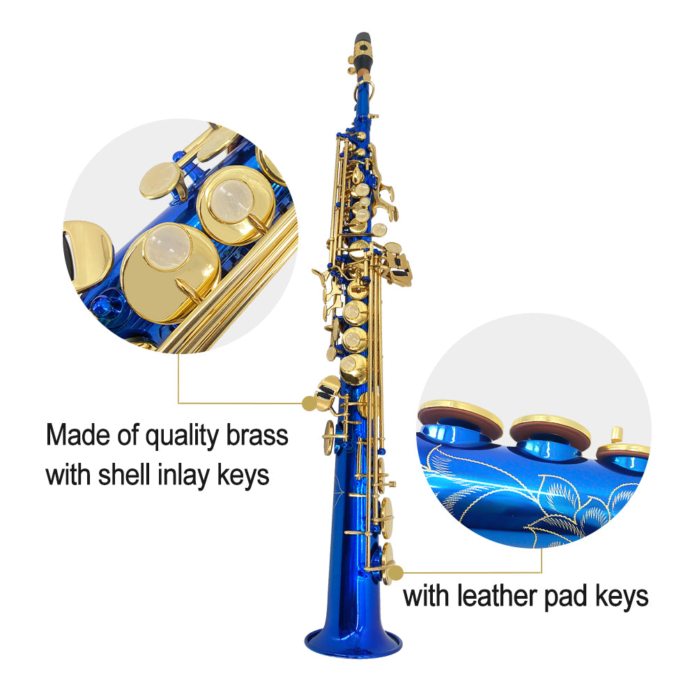 Bb Soprano Saxophone Straight Gold Sax Instruments for Beginners Students with Mouthpiece Carrying Case Straps 10Reeds (Blue)