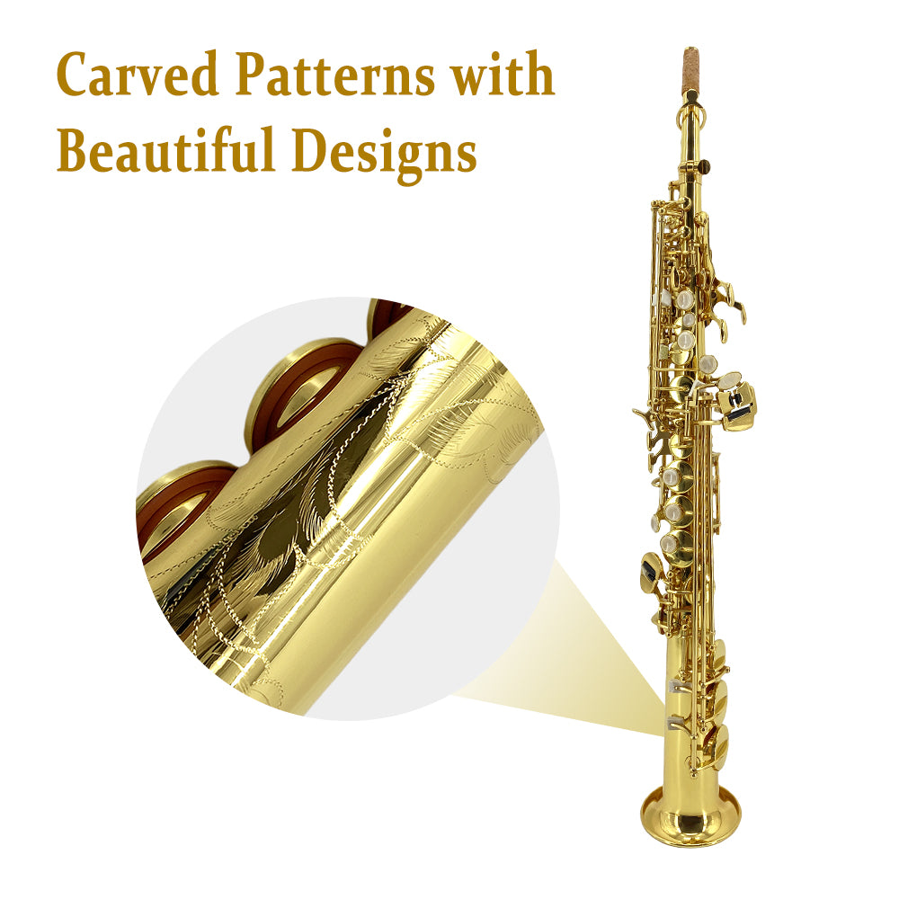 Yinfente Straight Soprano Saxophone Bb B Flat Sax with Case, Mouthpiece,Reeds & Accessories Brass Woodwind Instrument for Beginners,Adults & Advanced Players