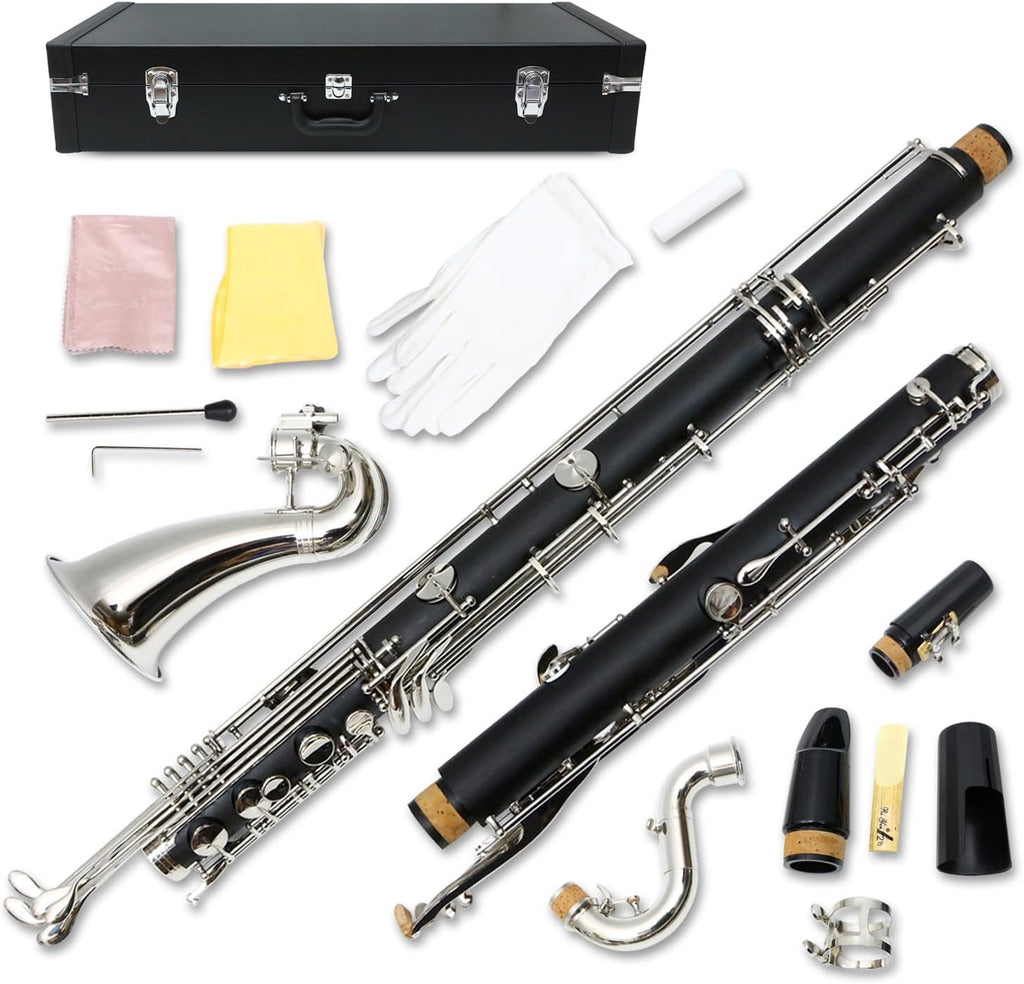 Professional Bass Clarinet Low C Silver Nickel Plated Keys with Case Rich Sound Musical Instrument Student Clarinet (Low C)
