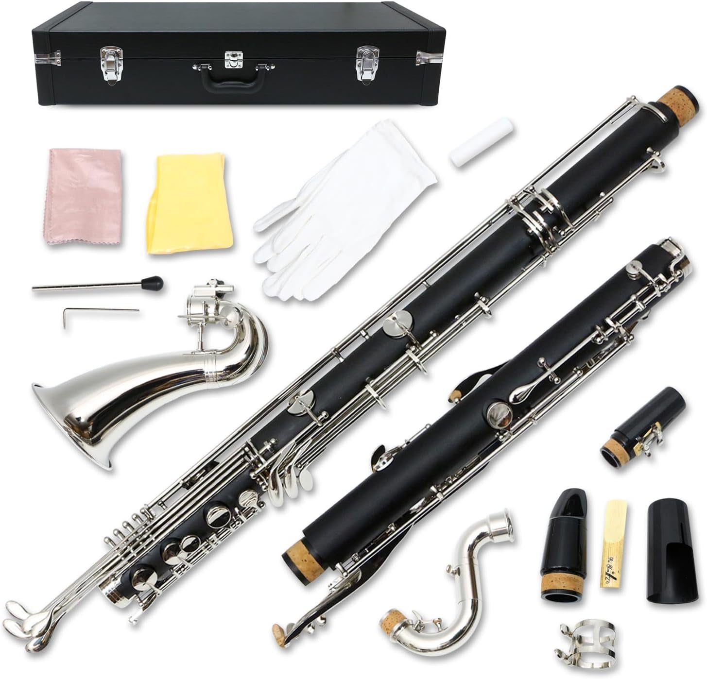 Professional Bass Clarinet Low C Silver Nickel Plated Keys with Case Rich Sound Musical Instrument Student Clarinet (Low C)