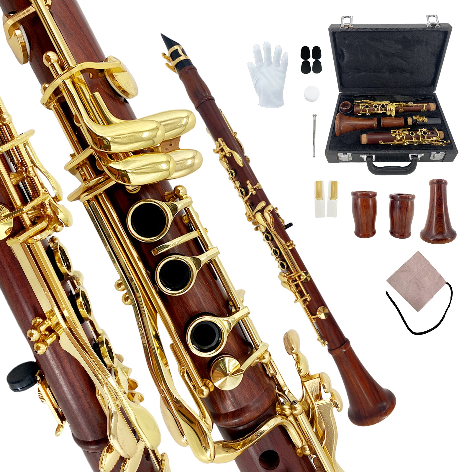 Bb Clarinet for Beginner 17 Key Gold-Plated Rosewood B Flat Clarinet with 2 Barrels,Hard Case,Cleaning Kit,Mouthpiece,Cork Grease,Gloves,Reeds,Cushion