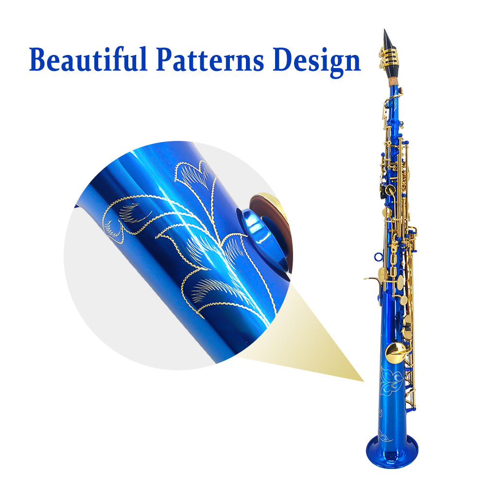 Bb Soprano Saxophone Straight Gold Sax Instruments for Beginners Students with Mouthpiece Carrying Case Straps 10Reeds (Blue)