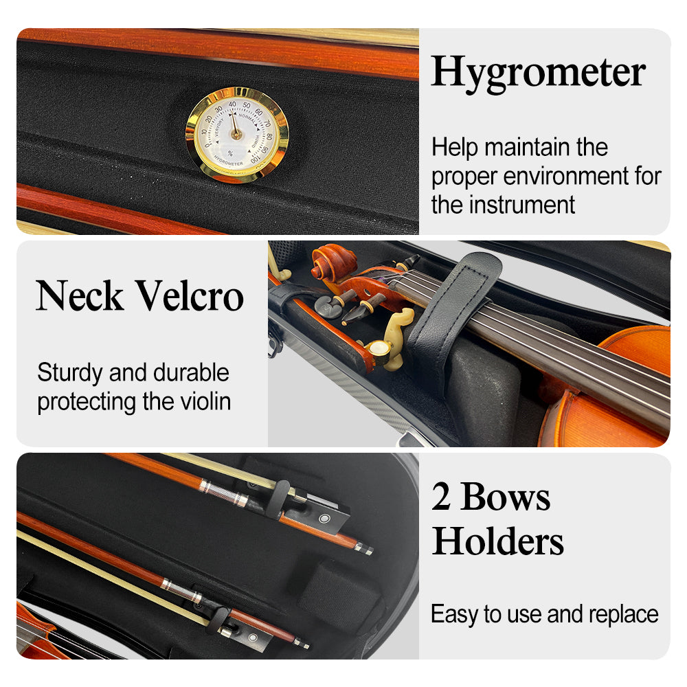 Triangle 1.95Kg Violin Case 4/4 Full Size Carbon Fiber Strong Bag 150Kg Pressure Full Size with Adjustable Backstrap Two Bow Holder（Black）