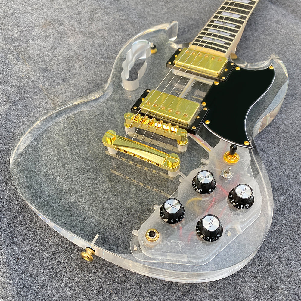 39 inch Electric Guitar Kit Transparent Acrylic Guitar Solid Body Electric Guitars for Beginners with Maple Neck Rosewood Fretboard& LED Light Blue,Tremolo Bra,Cable HH