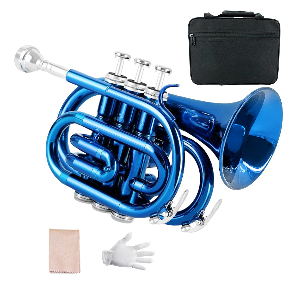Bb Pocket Trumpet with Case,Mouthpiece, Cleaning Cloth Brass Musical Instruments for Students and Beginners (blue)