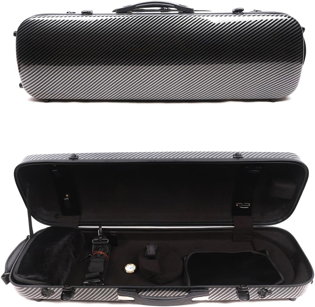 Violin Case 4/4 Full Size Carbon Fiber Oblong Violin Bag with Music Sheet Bag Adjustable Backstrap Hygrometer Lightweight Protable