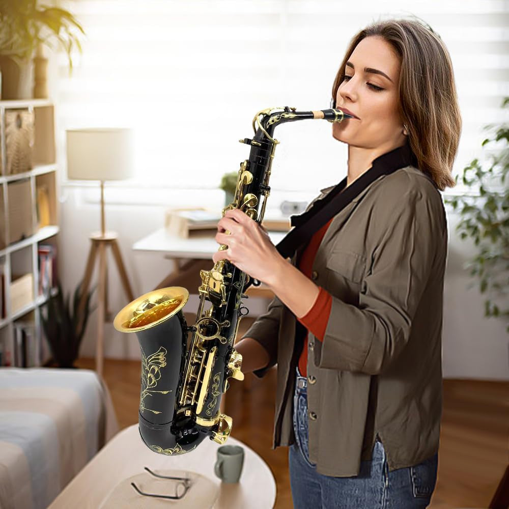 Alto Saxophone Eb for Beginners - Complete Saxophone Kit with Hard Case, Mouthpiece, Neck Strap, Reeds, Cleaning Kit - Ideal for Students & Professionals (Black)
