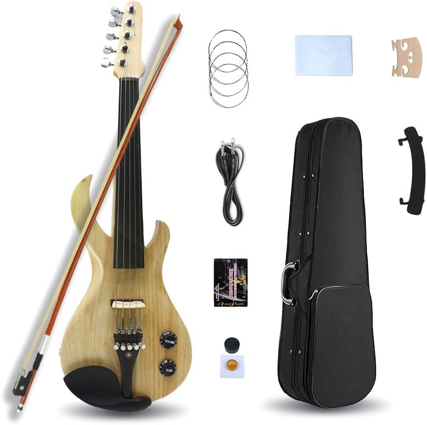 5 String Electric Violin 4/4 Full Size Solid Wood Beginner Violin Guitar Shape Ebony Parts with Case,Bow,Cleaning Cloth,Rosin