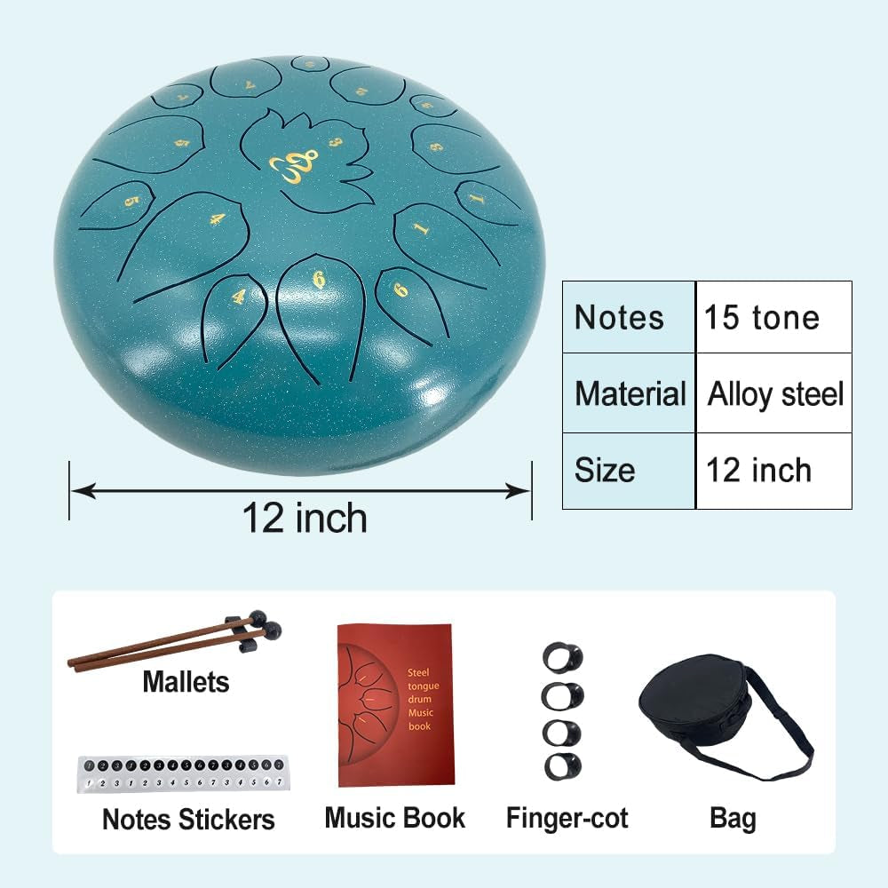 12 Inches 15 Notes Rain Drum for Outside,Steel Tongue Drum with Mallets & Storage Bag,Meditation Rain Chime for Adults,Friends,Family