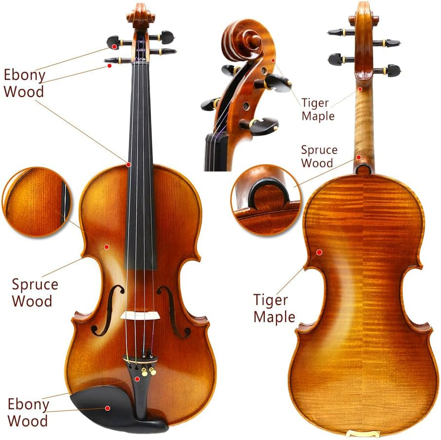 4/4 Full Size 4 String Flame Maple Acoustic Violin Spruce Top Ebony Fittings Solid Wood,Case,Bow,Rosin,Battery-Operated Mini Clip-On Tunerkit,Bridge,Shoulder Rest for Beginner (Fine Grain)