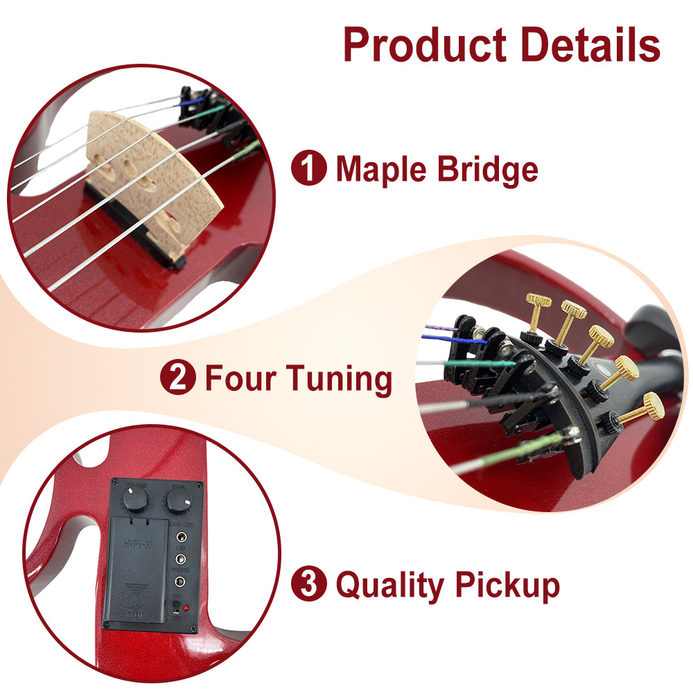 Yinfente 5 String Electric Viola 16inch Full Size Solid Wood Ebony Parts Burgundy Red Free Case Bow
