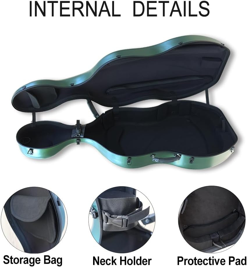 Cello Case 4/4 Full Size Carbon Fiber Embedded Handle,Hard Shell with Lock & Backpack Straps,Wheels Waterproof and Lightweight Cello Hard Case 4/4 for Musicians
