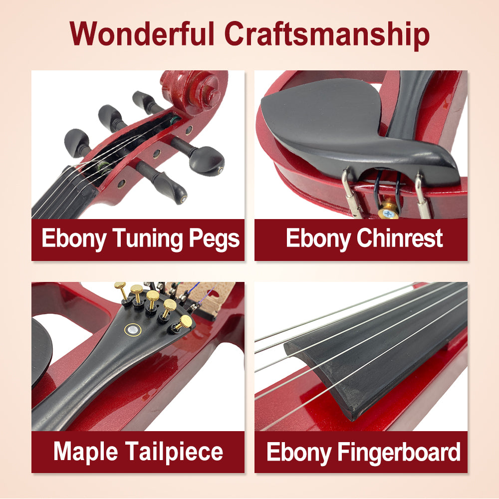 Yinfente 5 String Electric Viola 16inch Full Size Solid Wood Ebony Parts Burgundy Red Free Case Bow