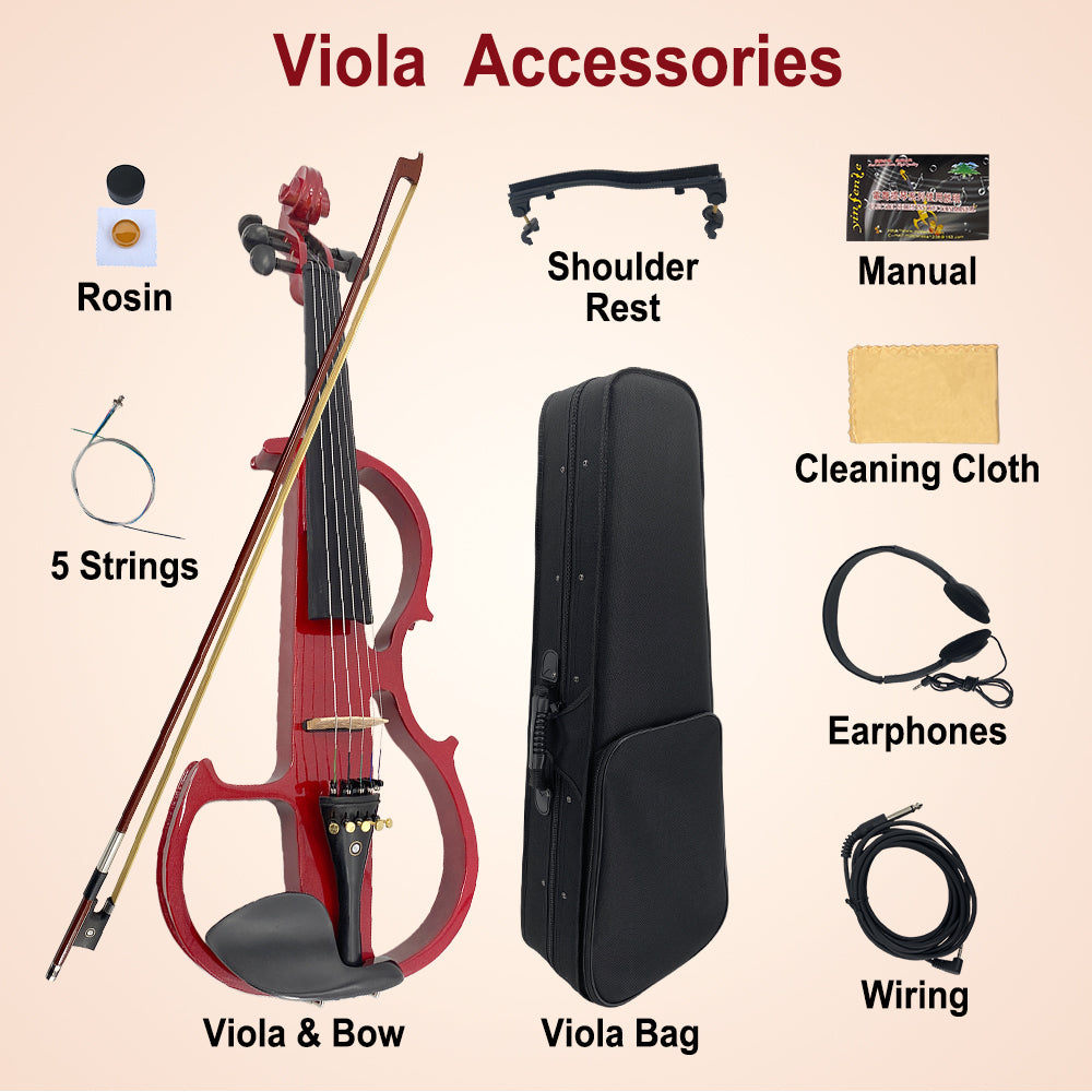 Yinfente 5 String Electric Viola 16inch Full Size Solid Wood Ebony Parts Burgundy Red Free Case Bow