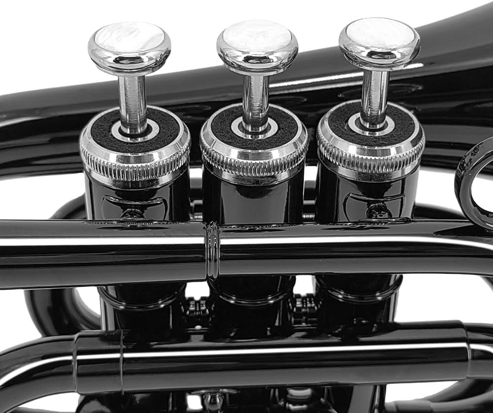 Brass Pocket Trumpet Bb Key Nickel Plated with Mouthpiece 7C, Cleaning Kit, Carrying Case, Gloves for Beginners/Students (Black)