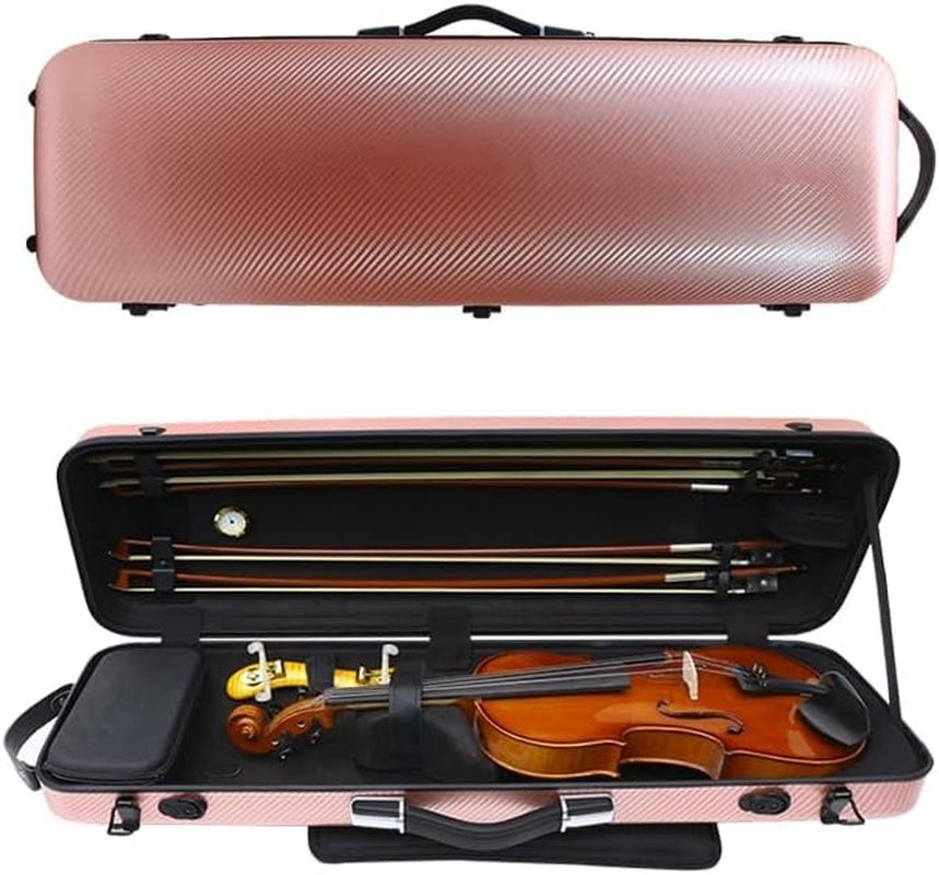 Violin Case 4/4 Full Size Carbon Fiber Oblong 4/4 Violin Case with Music Sheet Bag Adjustable Backstrap Hygrometer Lightweight & Portable