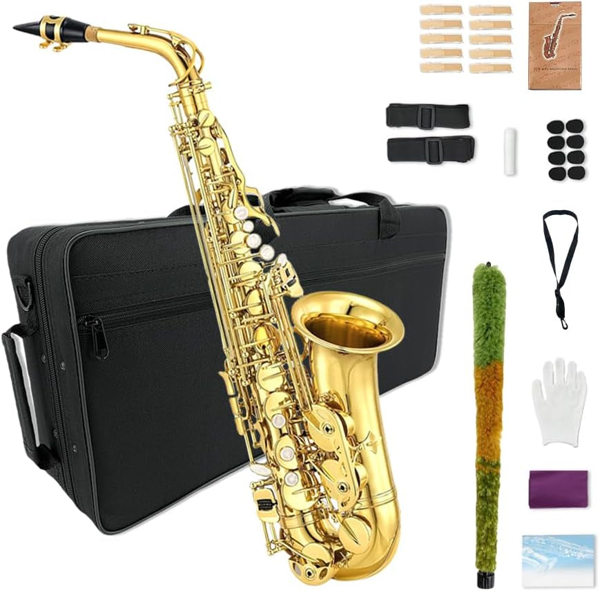 Alto Saxophone Beginner Kit for Adults & Students - Eb Gold Lacquer Full Brass Instrument with Case, Reeds, Mouthpiece & Cleaning Kit - Professional Sound & Easy to Play (Gold)