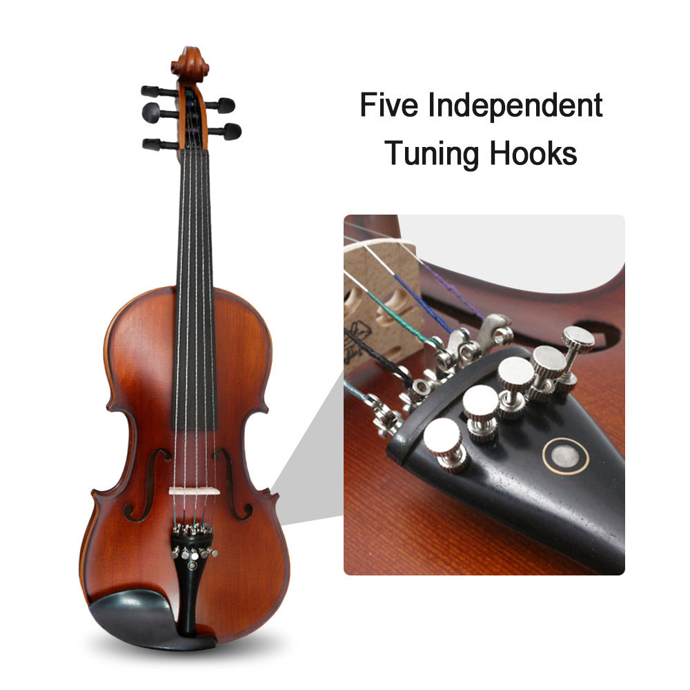 5 String Acoustic Violin 4/4 Kit Maple Back Spruce Top Ebony Fittings Fine Tuner Handmade Violin with Case,Bow (5 String,Brown)