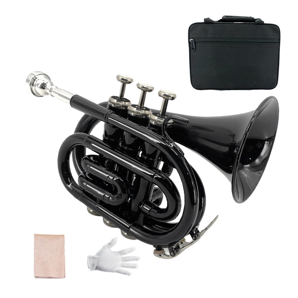 Bb Flat Pocket Trumpet Bass Trumpet for Beginner,Student with Cleaning Cloth, Silver Plated 7C Mouthpiece,Hard Case White Gloves (Black)