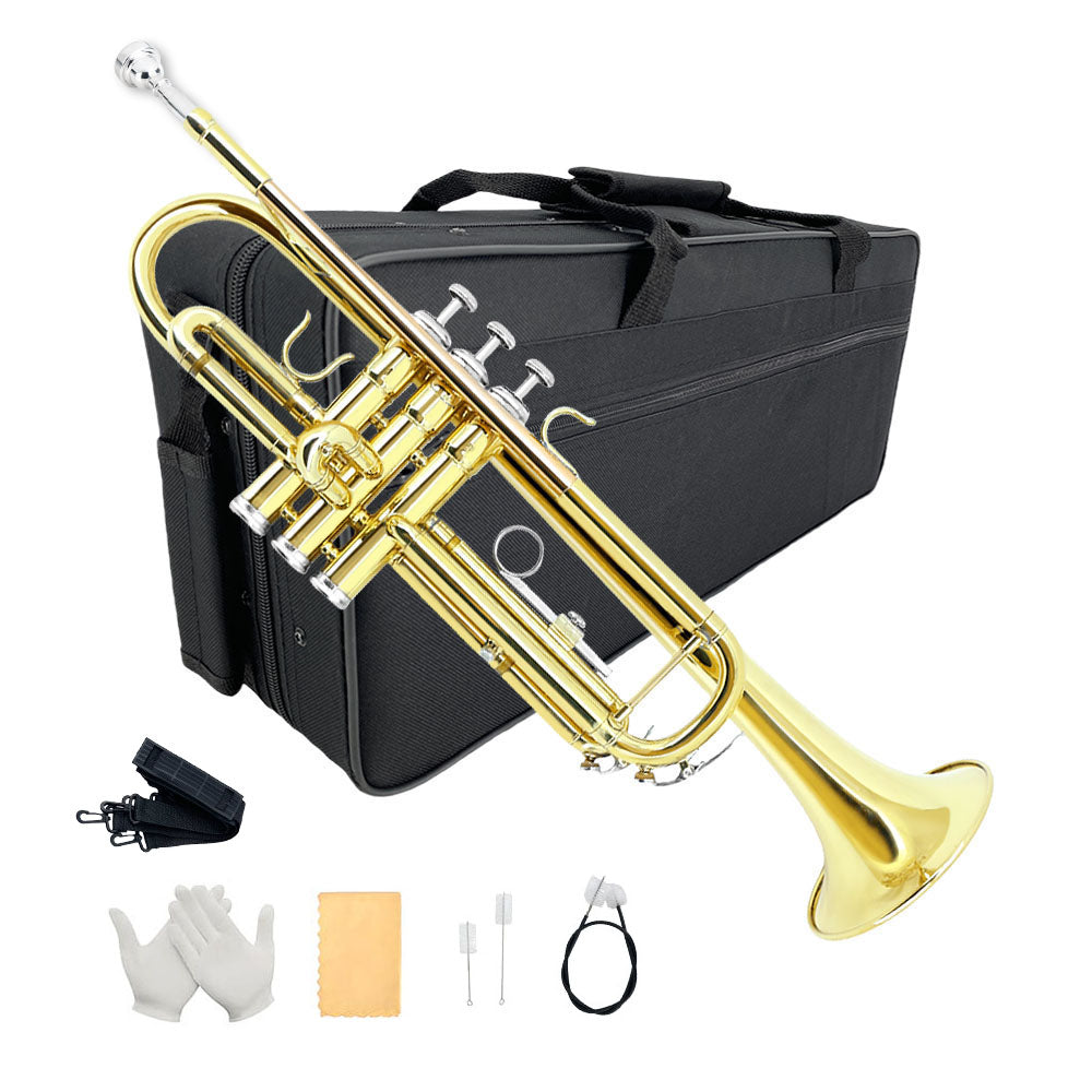 Bb Standard Trumpet Set for Beginner or Advance Student, Brass Student Trumpet Instrument with Hard Case, 7C Mouthpiece, Cleaning Kit,White Gloves Glod
