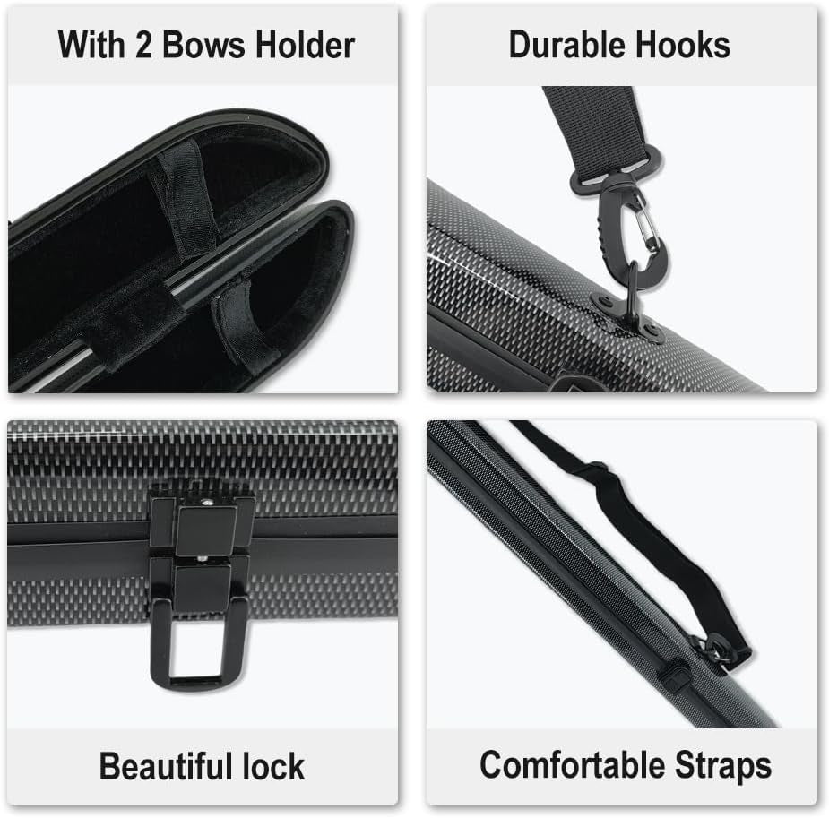 Violin Viola Cello Bow Case Carbon Fiber Strong Lightweight Bow Bag Hold 2Pcs Bow Adjustable Strap