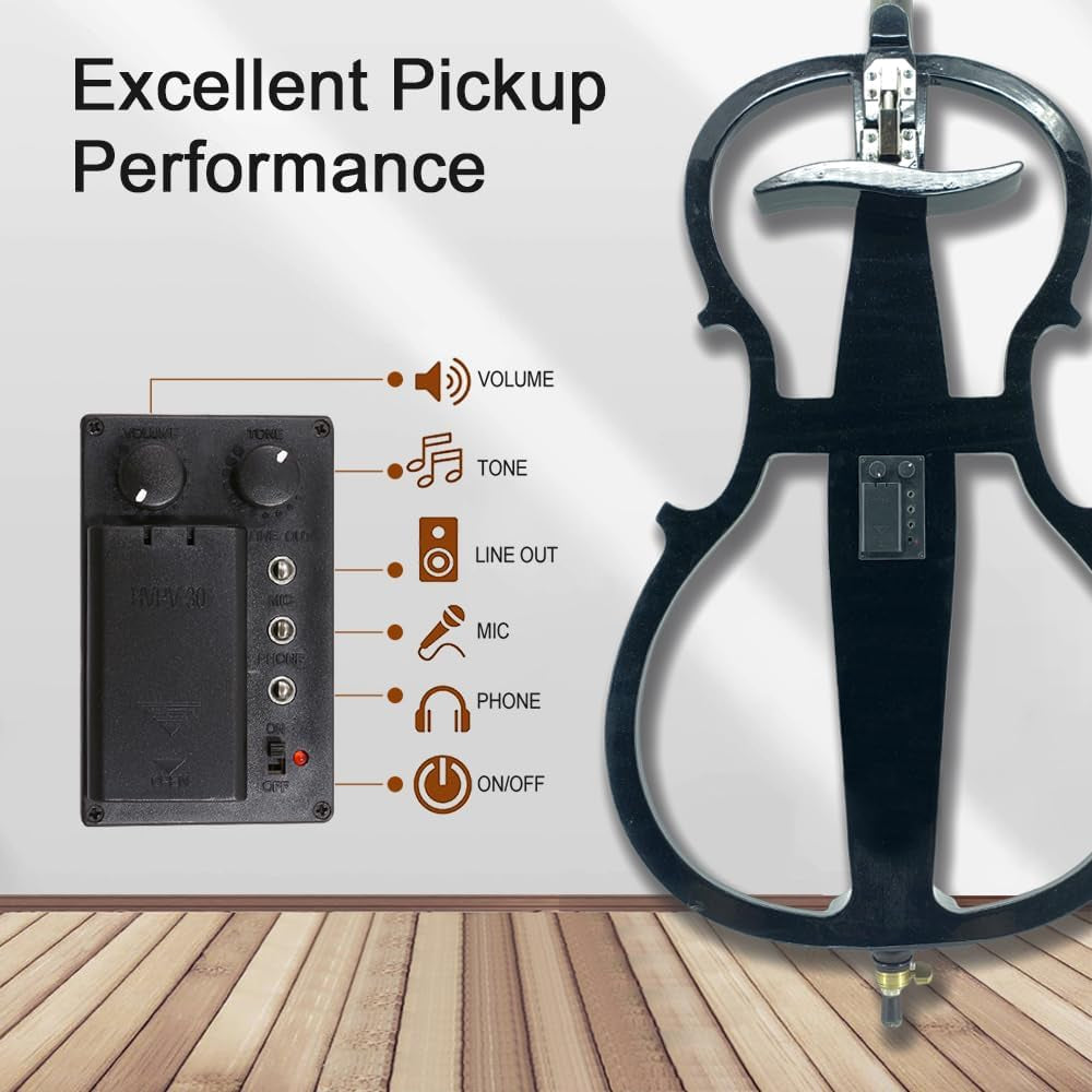 Electric Cello 4/4 Full Size - Solid Wood Construction with Ebony Fittings, Includes Hard Case, Brizal Bow, Aux Cable & Cleaning Cloth for 4/4 Cello (Black-1)