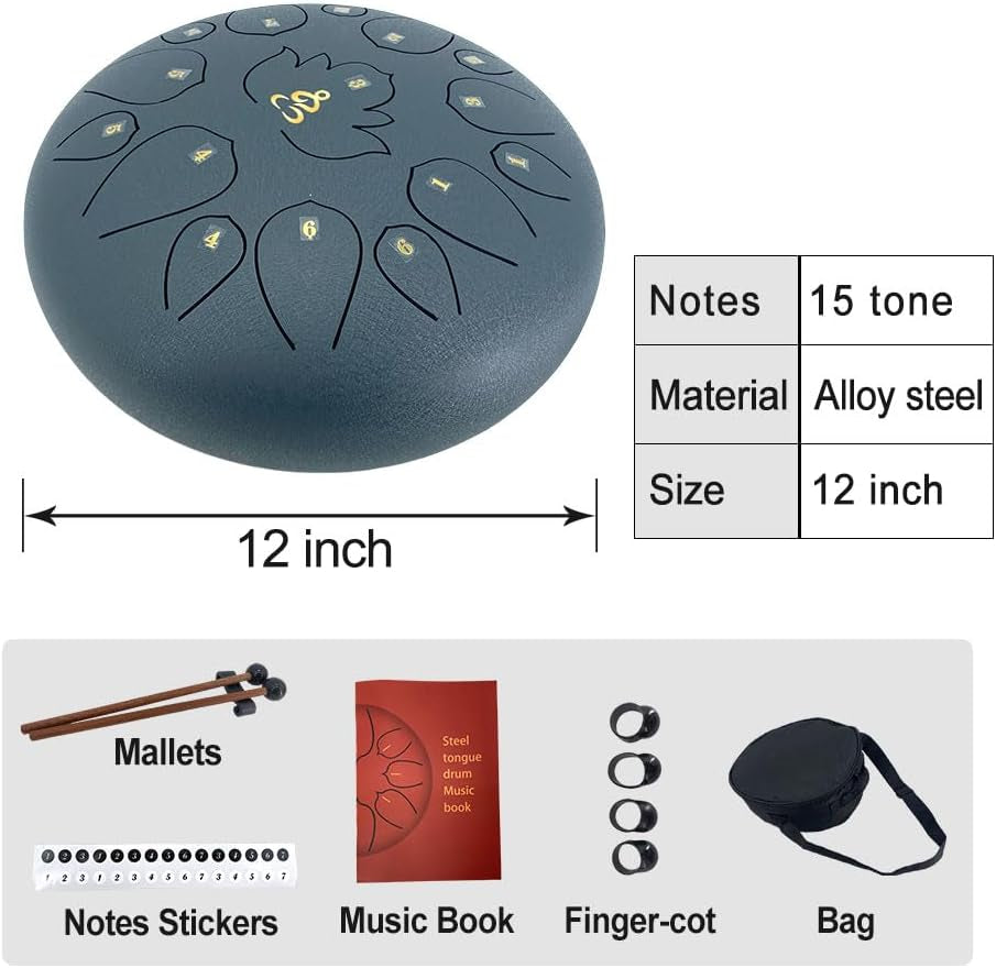 12 Inches 15 Notes Rain Drum for Outside,Steel Tongue Drum with Mallets & Storage Bag,Meditation Rain Chime for Adults,Friends,Family