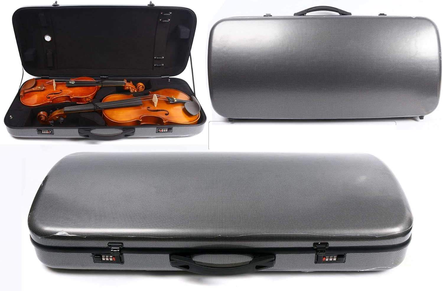 Double Violin Case Viola Case Mixed Carbon Fiber Violin Box 4/4 Full Size (Black)