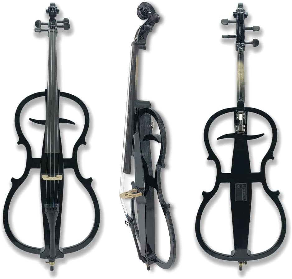 Electric Cello 4/4 Full Size - Solid Wood Construction with Ebony Fittings, Includes Hard Case, Brizal Bow, Aux Cable & Cleaning Cloth for 4/4 Cello (Black-1)