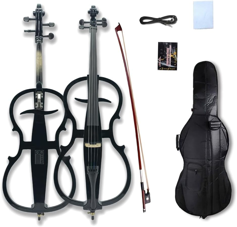 Electric Cello 4/4 Full Size - Solid Wood Construction with Ebony Fittings, Includes Hard Case, Brizal Bow, Aux Cable & Cleaning Cloth for 4/4 Cello (Black-1)