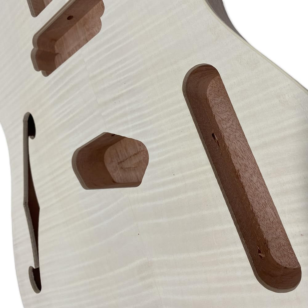 Tl-Style Semi-Hollow Guitar Body–Mahogany with Flame Maple Veneer, F-Hole, Unfinished Diy/Replacement (No Pre-Drilled Holes)