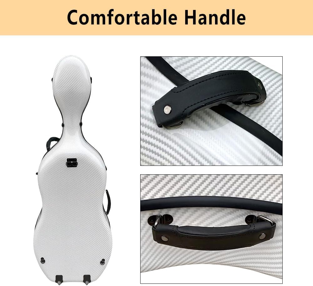 Carbon Fiber Cello Case 4/4 Full Size Hard Shell with Lock & Backpack Straps,Wheels 3.8Kg Lightweight Hard Case for Student