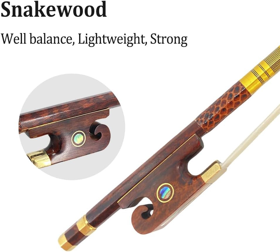 Violin Bow 4/4 Full Size Snakewood with Pearl Eye Natural Bow Hair Pernambuco Level, Stiff & Well Balanced,Violin Bow Full Size for Violinists & Fiddlers of All Skill Levels