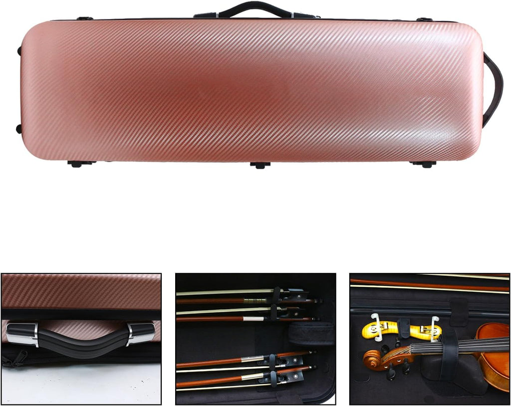 Violin Case 4/4 Full Size Carbon Fiber Oblong 4/4 Violin Case with Music Sheet Bag Adjustable Backstrap Hygrometer Lightweight & Portable
