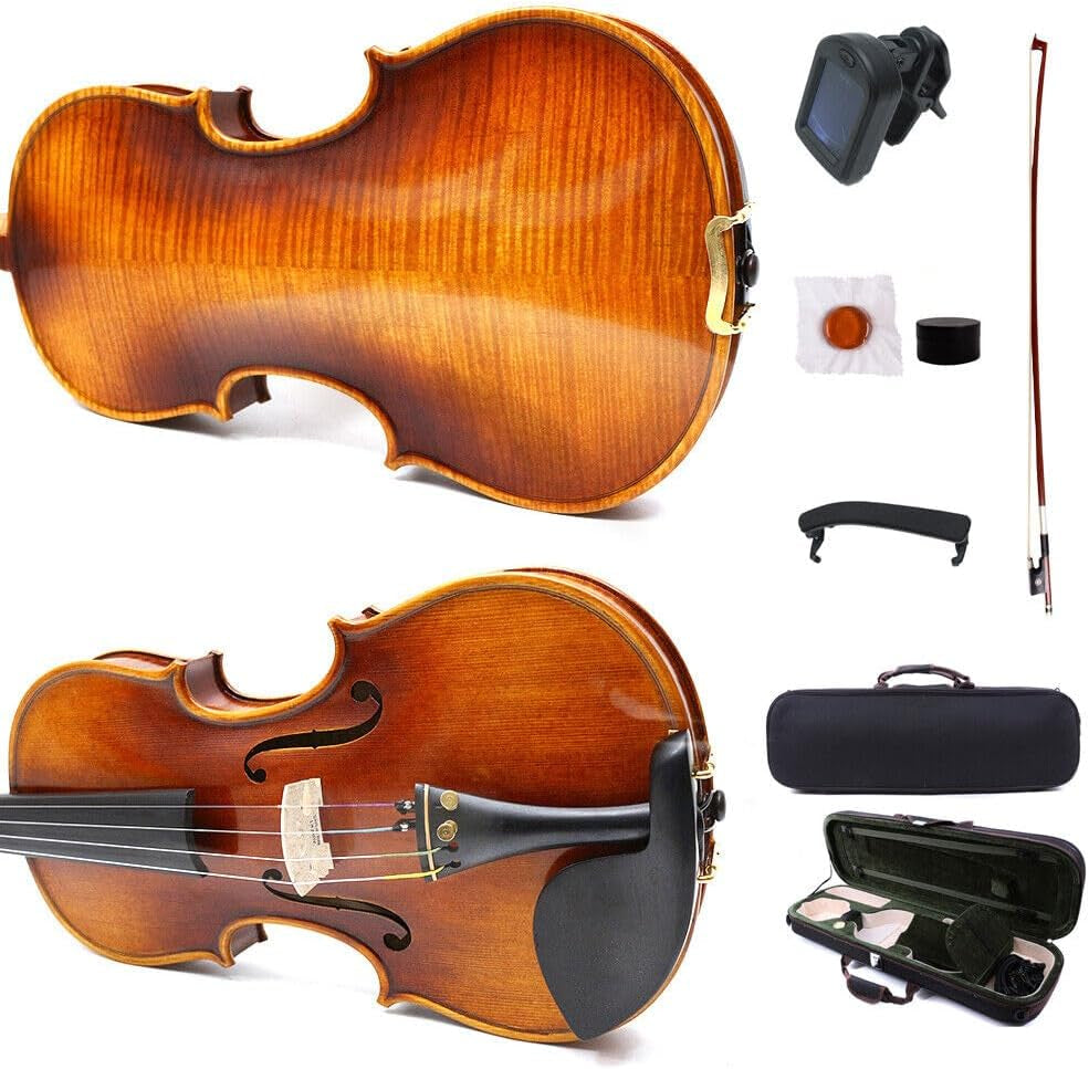 4/4 Full Size Flame Maple 4 String Acoustic Violin Spruce Top Ebony Fittings Solid Wood,Case,Bow,Rosin,Battery-Operated Mini Clip-On Tunerkit,Briage,Shoulder Rest for Beginner. (Fine Grain)