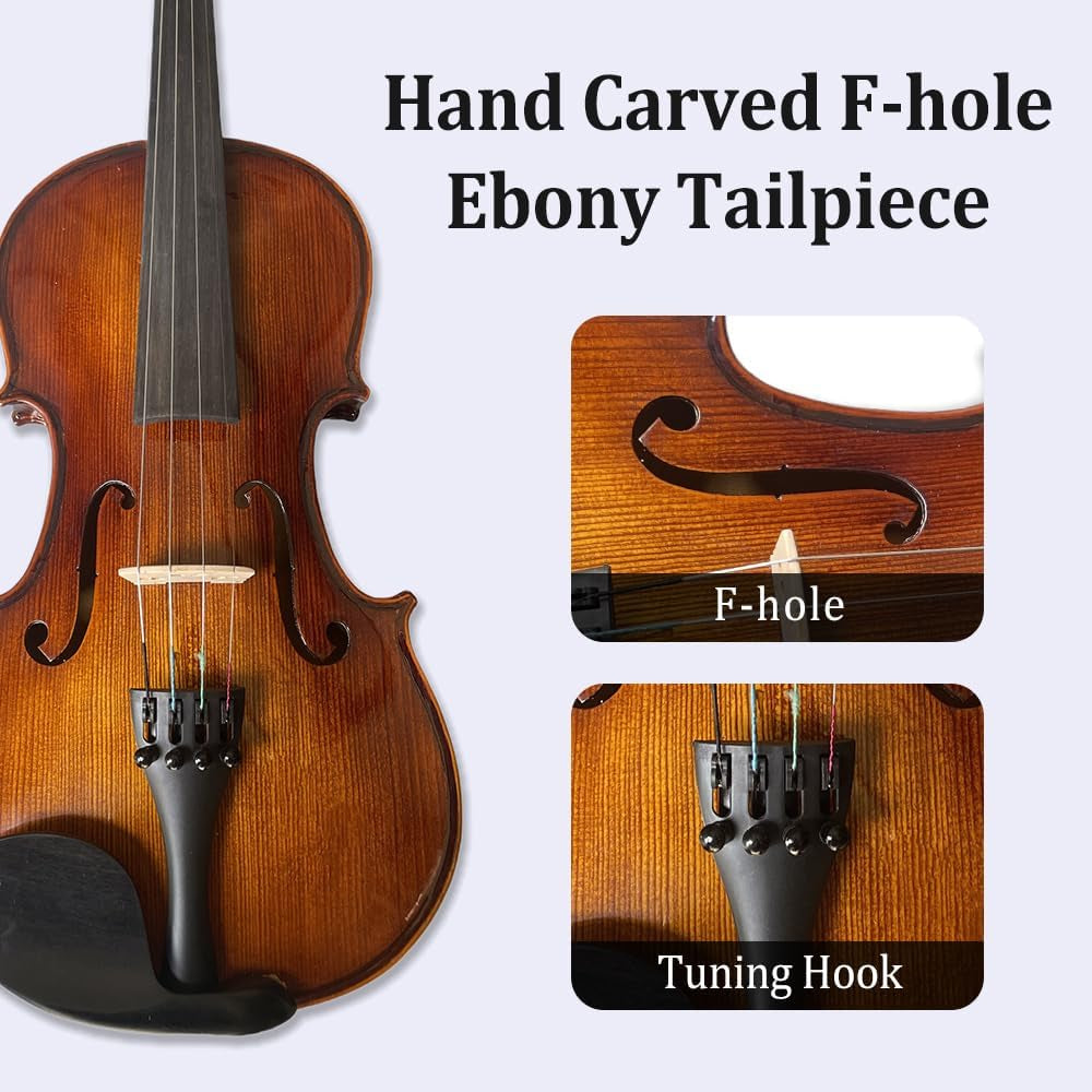 Acoustic Violin Kit for Beginners, 1/2 Size, 4 String, Ebony Flame Maple Spruce Wood, with Case, Bow, Shoulder Rest, Strings, Tuner (1/2)
