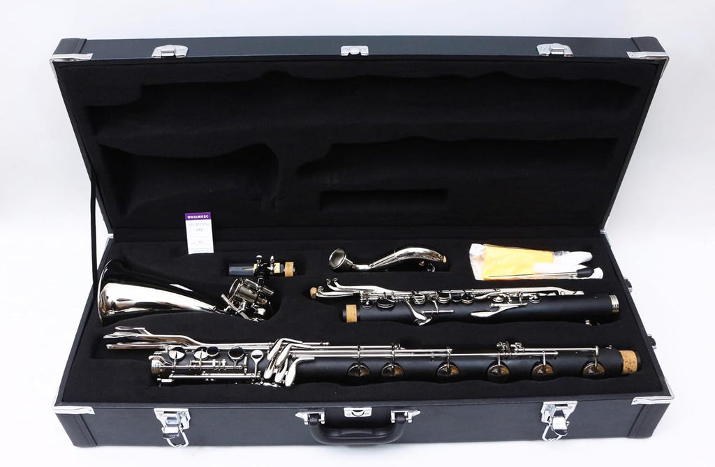 Professional Bass Clarinet Low C Silver Nickel Plated Keys with Case Rich Sound Musical Instrument Student Clarinet (Low C)