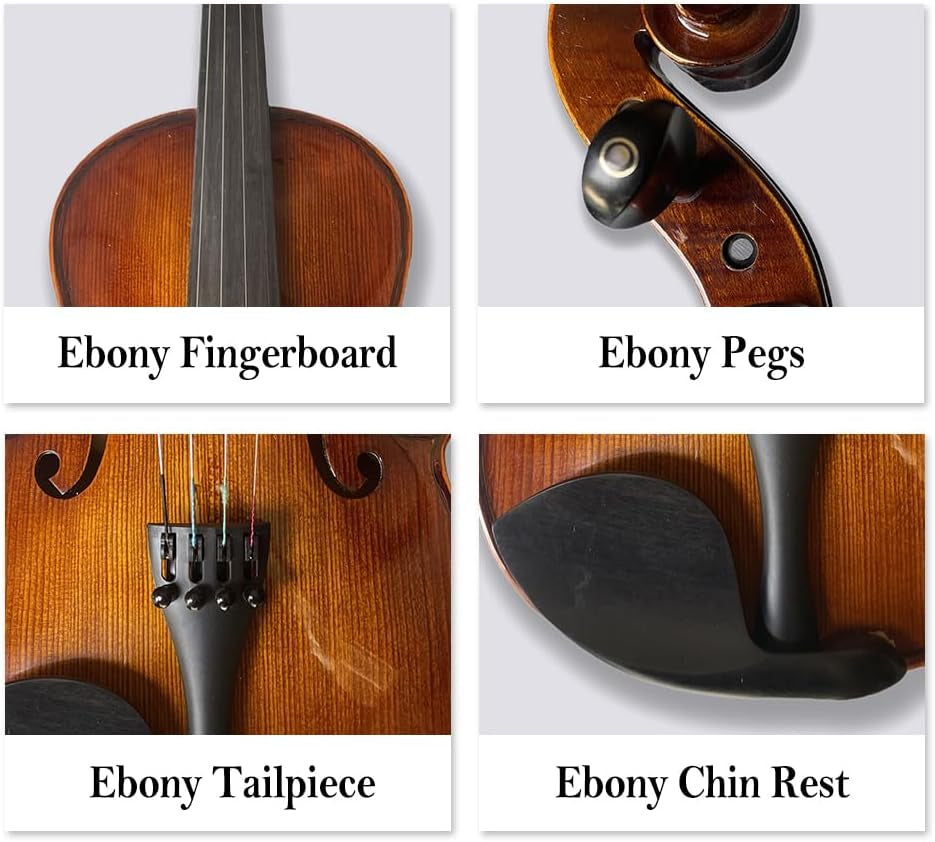 Acoustic Violin Kit for Beginners, 1/2 Size, 4 String, Ebony Flame Maple Spruce Wood, with Case, Bow, Shoulder Rest, Strings, Tuner (1/2)