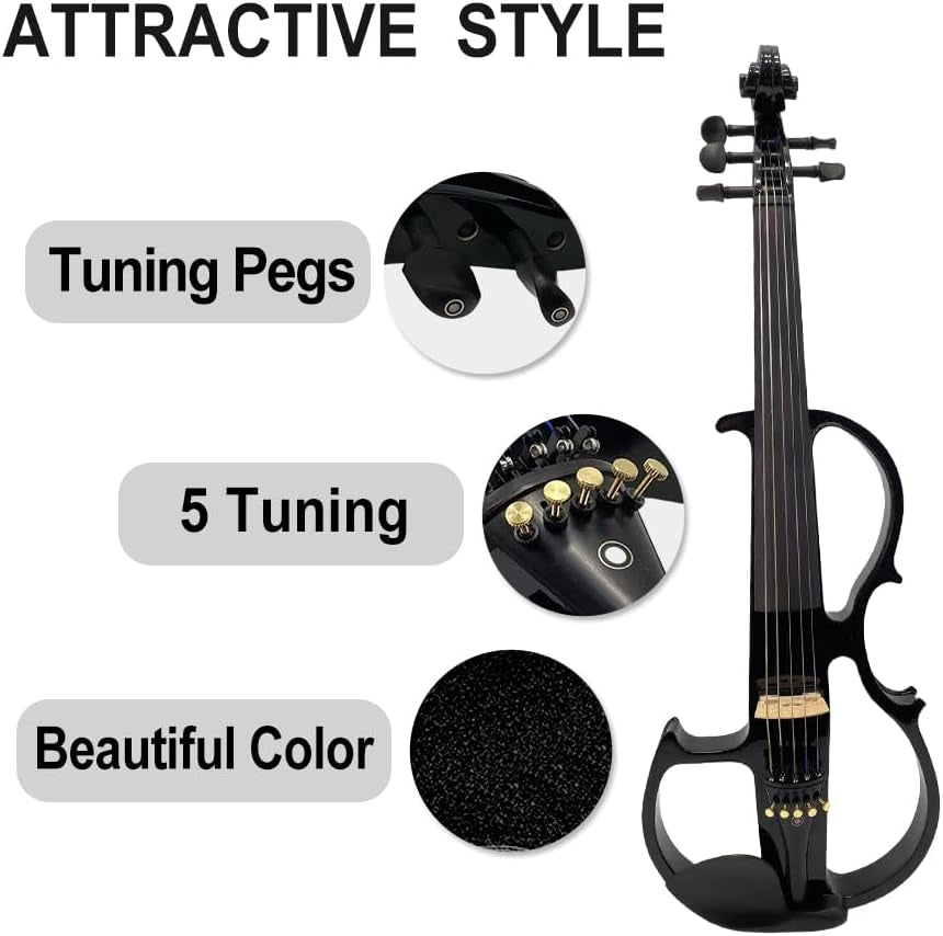 16Inch Silent Electric Viola Solid Wood 5 String with Ebony Fittings Hard Case Brazilwood Bow AUX Cable Cleaning Cloth Extra Strings Shoulder Rest Black FCGDA