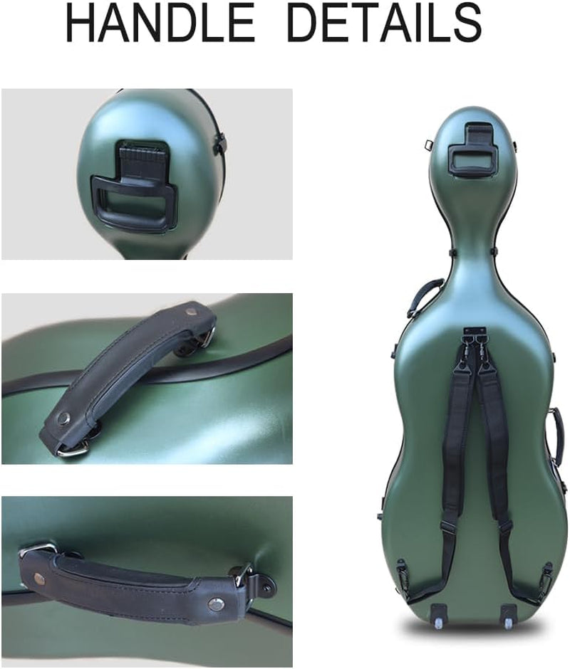 Cello Case 4/4 Full Size Carbon Fiber Embedded Handle,Hard Shell with Lock & Backpack Straps,Wheels Waterproof and Lightweight Cello Hard Case 4/4 for Musicians