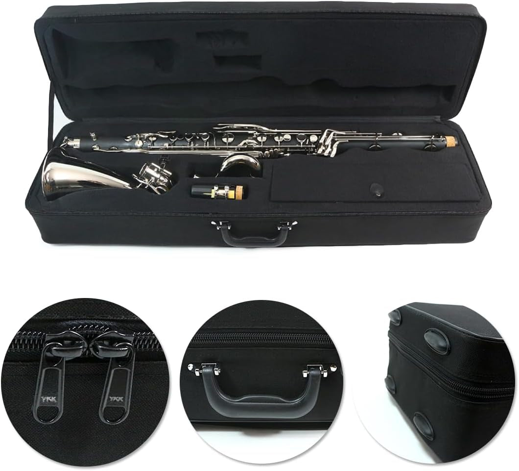 Professional Bass Clarinet Low E Bb Flat Synthetic Wood Body Nickel Plated Keys with Case Rich Sound Musical Instrument Student Clarinet (Low E)