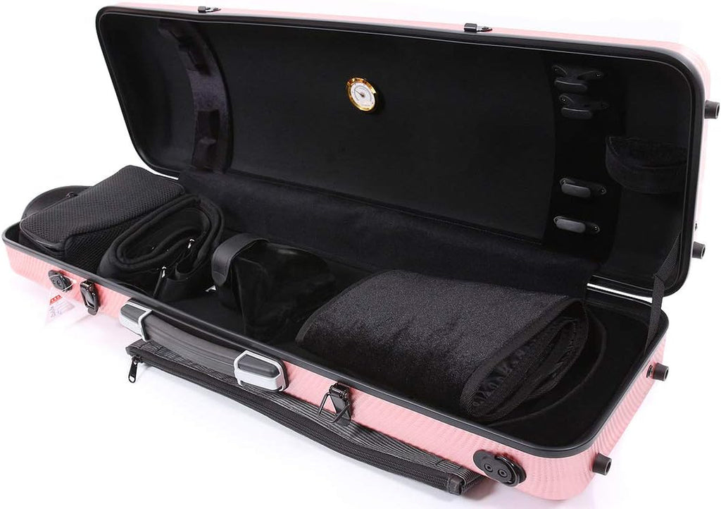 Violin Case 4/4 Full Size Carbon Fiber Oblong 4/4 Violin Case with Music Sheet Bag Adjustable Backstrap Hygrometer Lightweight & Portable